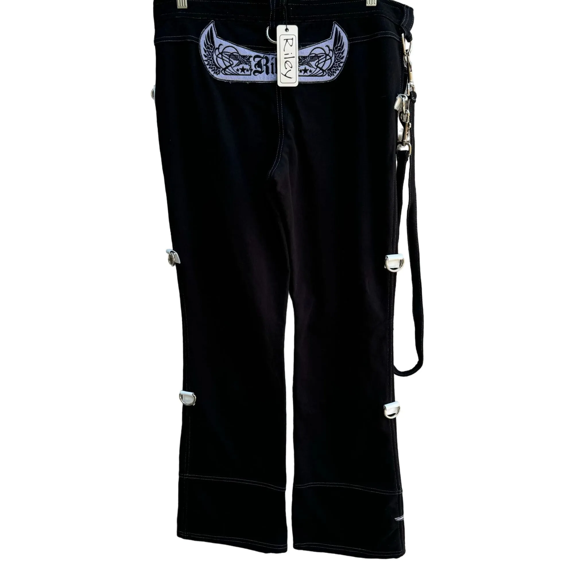 Riley Black Goth Punk Pants With Strap & D-Rings "To Be" Print Lion Wings Patch