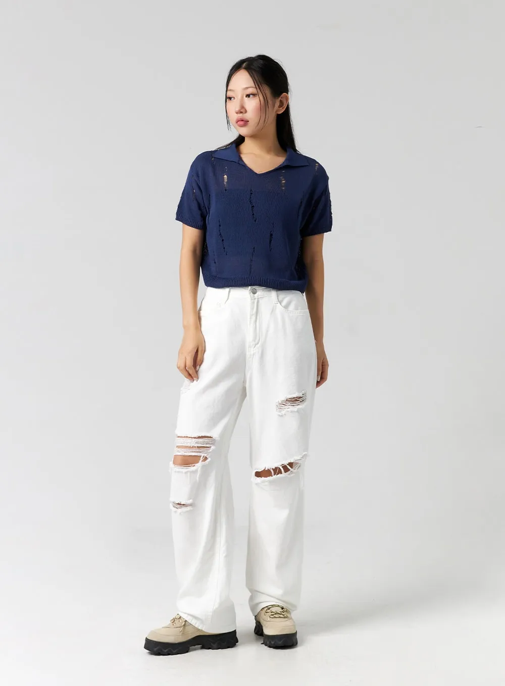 Ripped Wide Fit Cotton Pants CG310