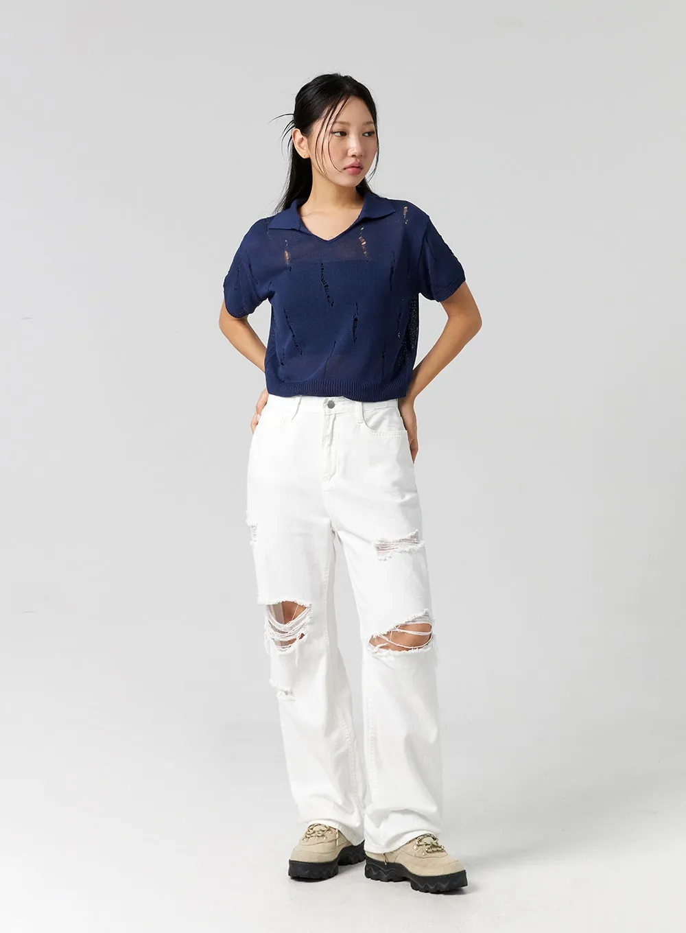 Ripped Wide Fit Cotton Pants CG310