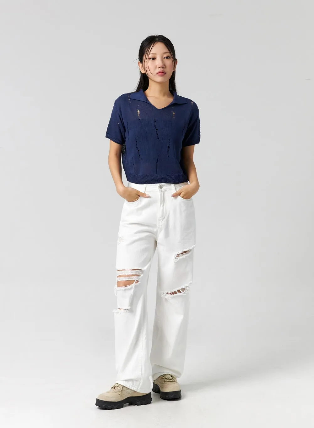 Ripped Wide Fit Cotton Pants CG310