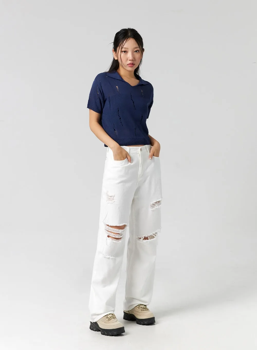 Ripped Wide Fit Cotton Pants CG310