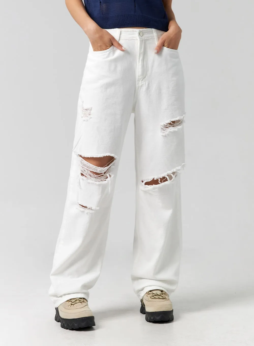 Ripped Wide Fit Cotton Pants CG310