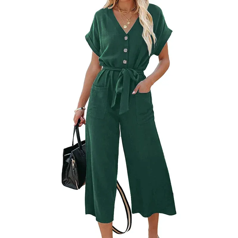 Short Sleeve V-neck Button Closure Solid Pockets Waist Tie Pants Cropped Romper