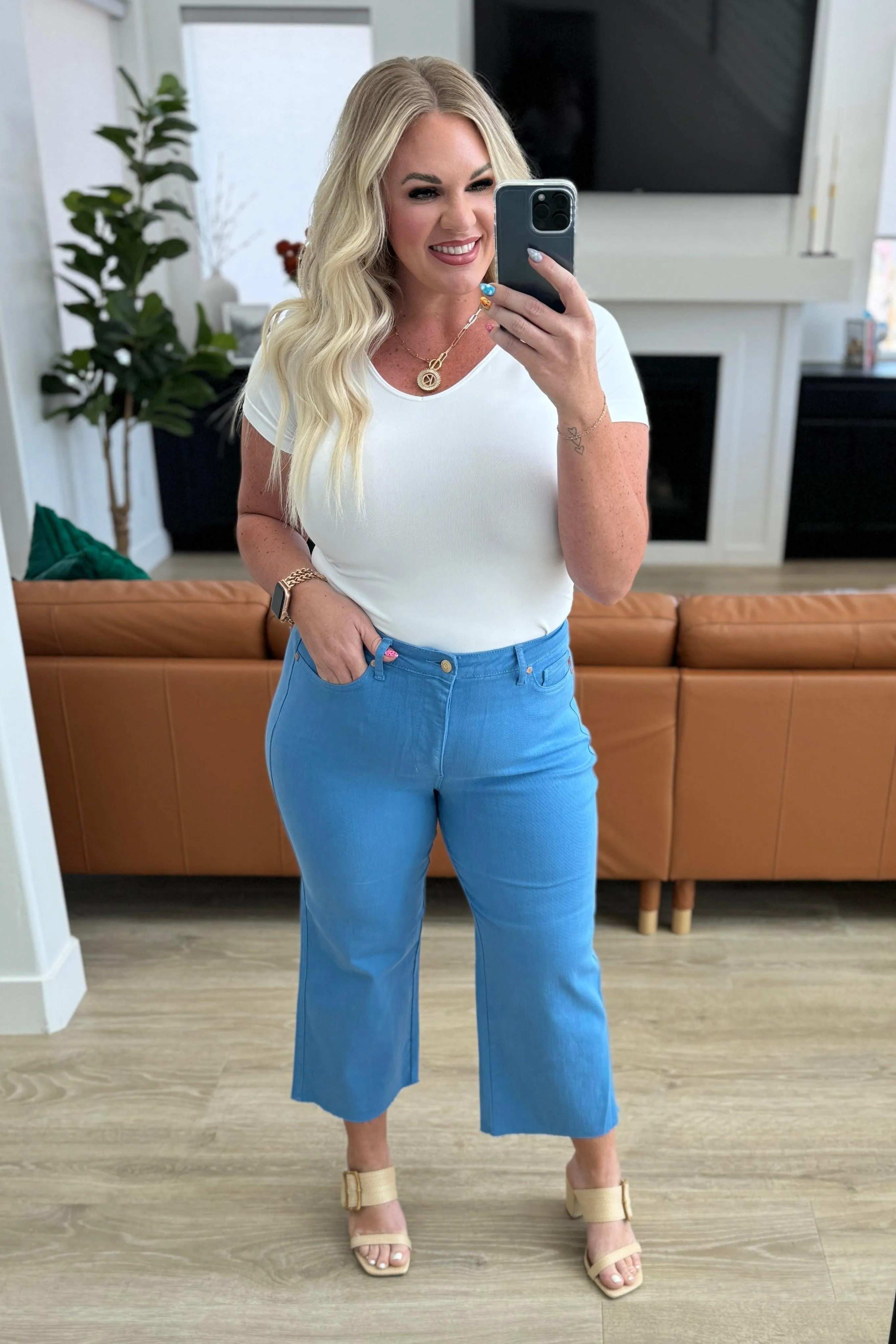 Sky Blue High Rise Control Top Wide Leg Crop Jeans