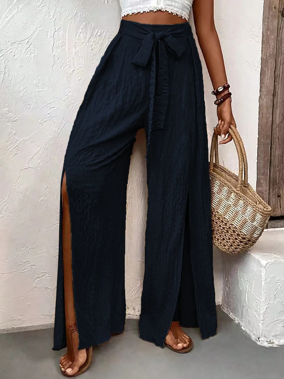 TEEK - Honey Tied Slit Wide Leg Pants