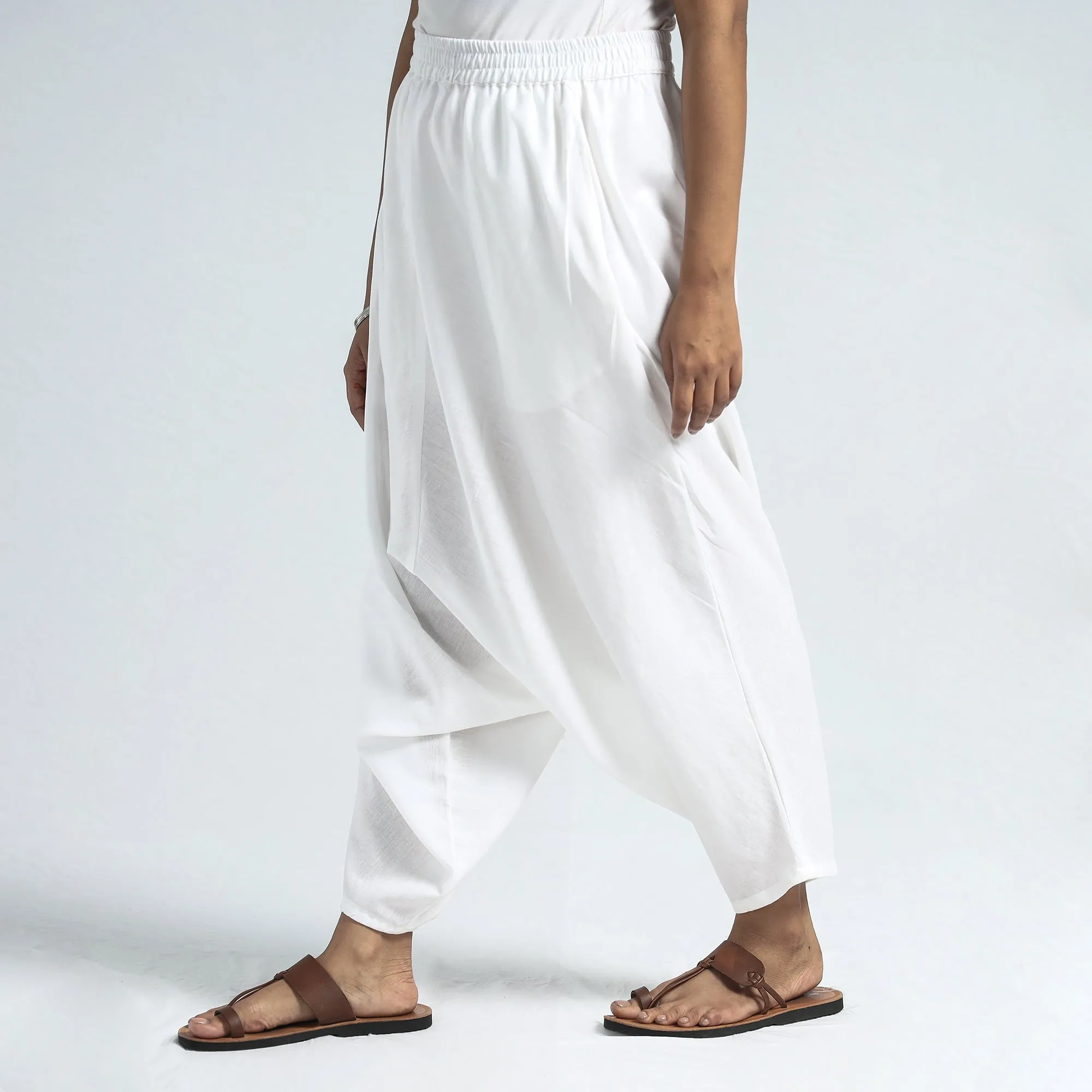 White - Plain Flex Cotton Elasticated Harem Pant