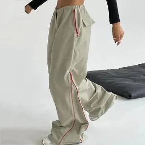 Wide Leg Pants with Color Contrast Zipper Design